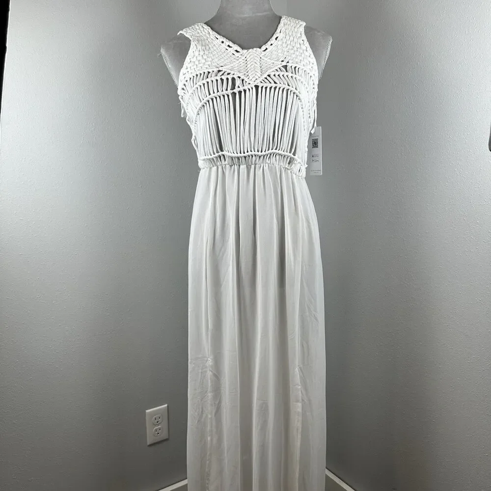 NWT Cupshe Knit Semi Sheer Cover-Up Maxi Dress Macrame White Vacation Beach - Picture 2 of 13